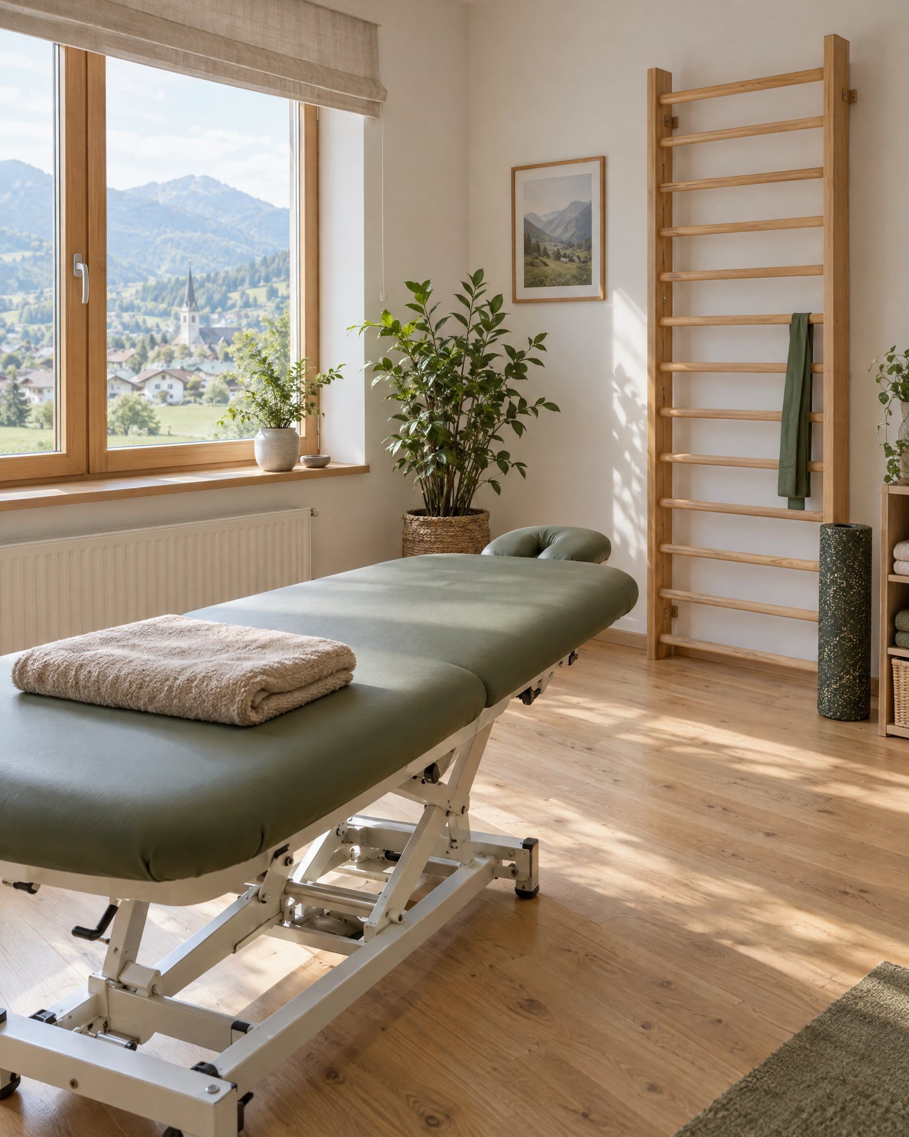 Heller Behandlungsraum mit Liege, Sprossenwand und großem Fenster.